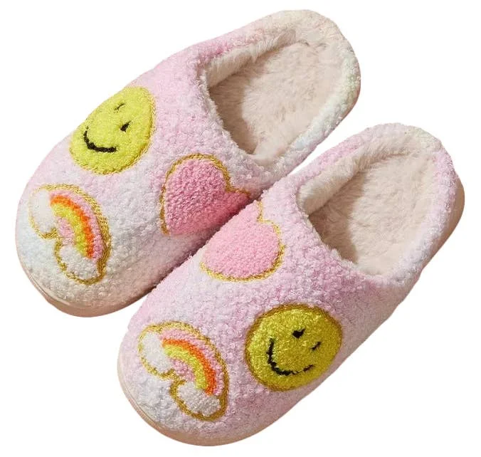 Pastel Rainbow Smiley Fuzzy Slippers for Kids