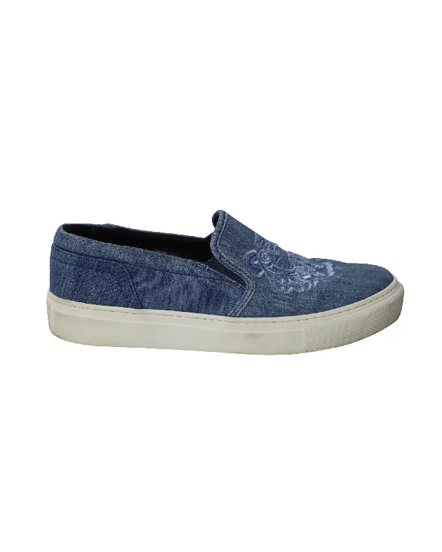 Kenzo Embroidered Slip On Sneakers in Blue Cotton Denim